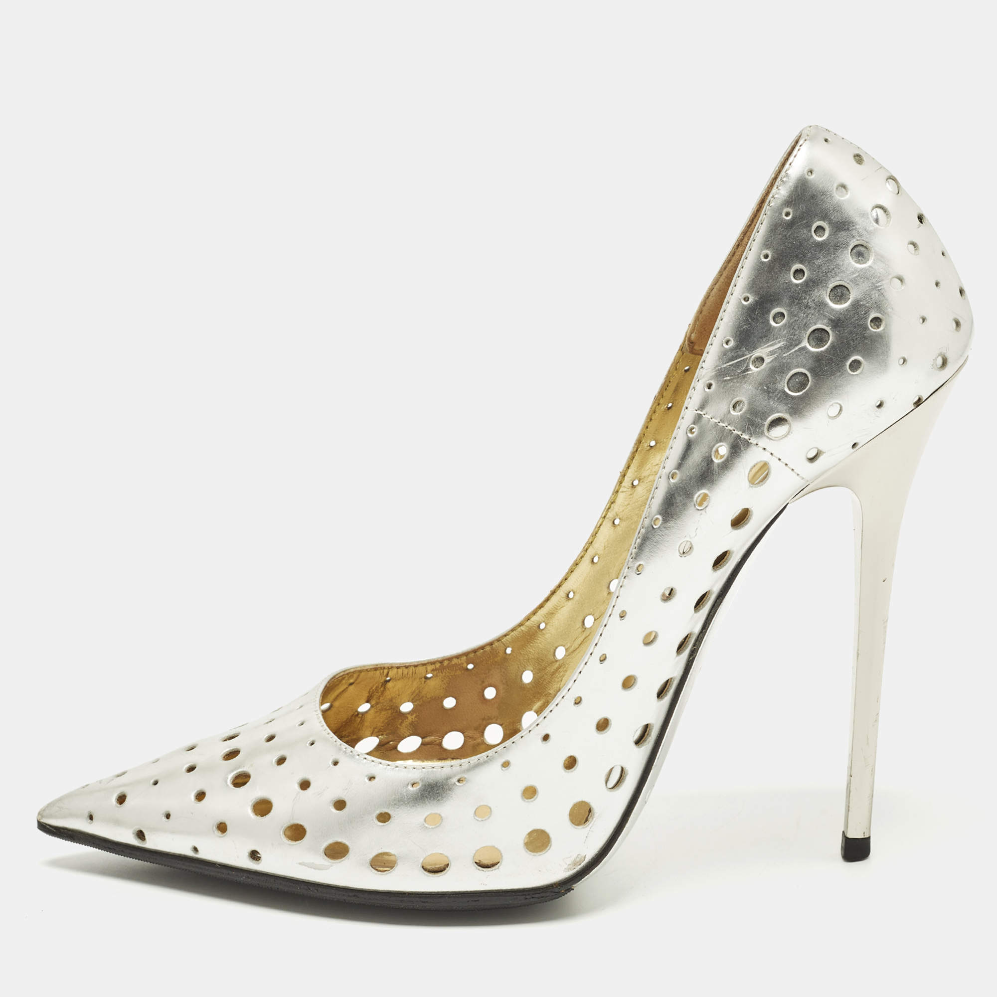 Pre Owned Jimmy Choo Romy Size 38.5 Silver Leather Pumps