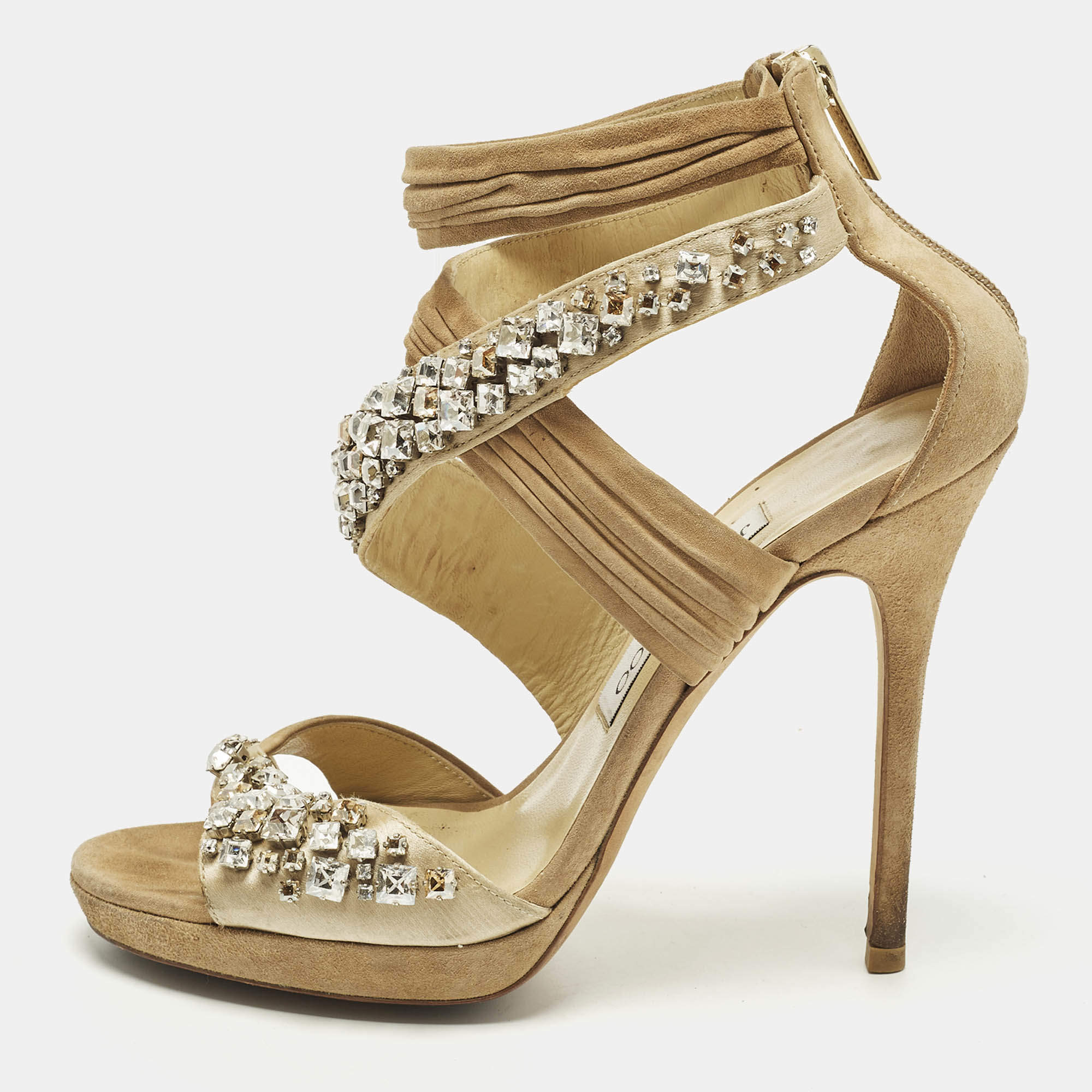 Pre Owned Jimmy Choo  Size 38 Beige Suede Crystal Embellished  Ankle Strap Sandals