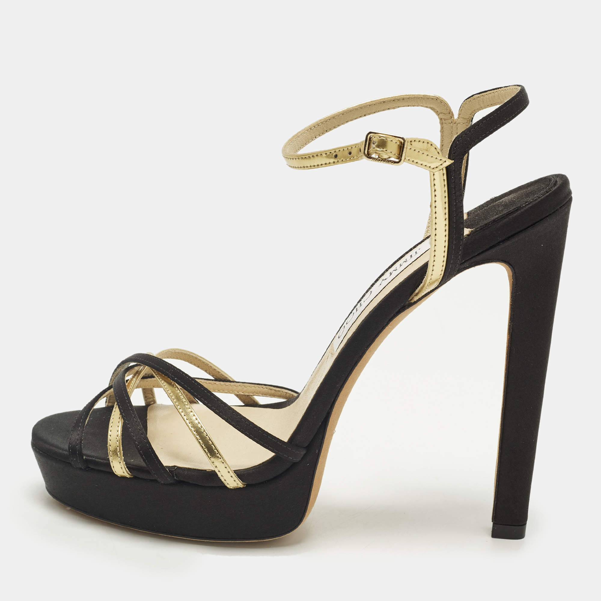 Pre Owned Jimmy Choo Size 39 Black/Gold Satin and Leather Ankle Strap Sandals