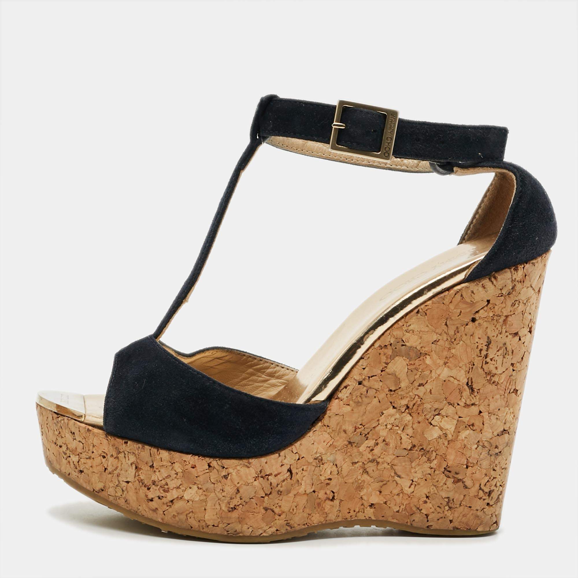 مملوكة مسبقًا صندل جيمي شو بيلا سويدي أزرق بحزام للكاحل نعل سميك كعب روكي مقاس 37.5