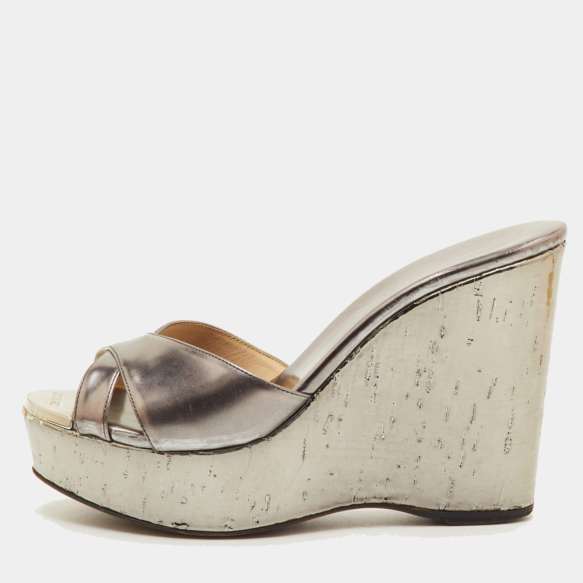 مملوكة مسبقًا Jimmy Choo Prime Size 36 Silver Leather Cork Platform Wedge Sandals