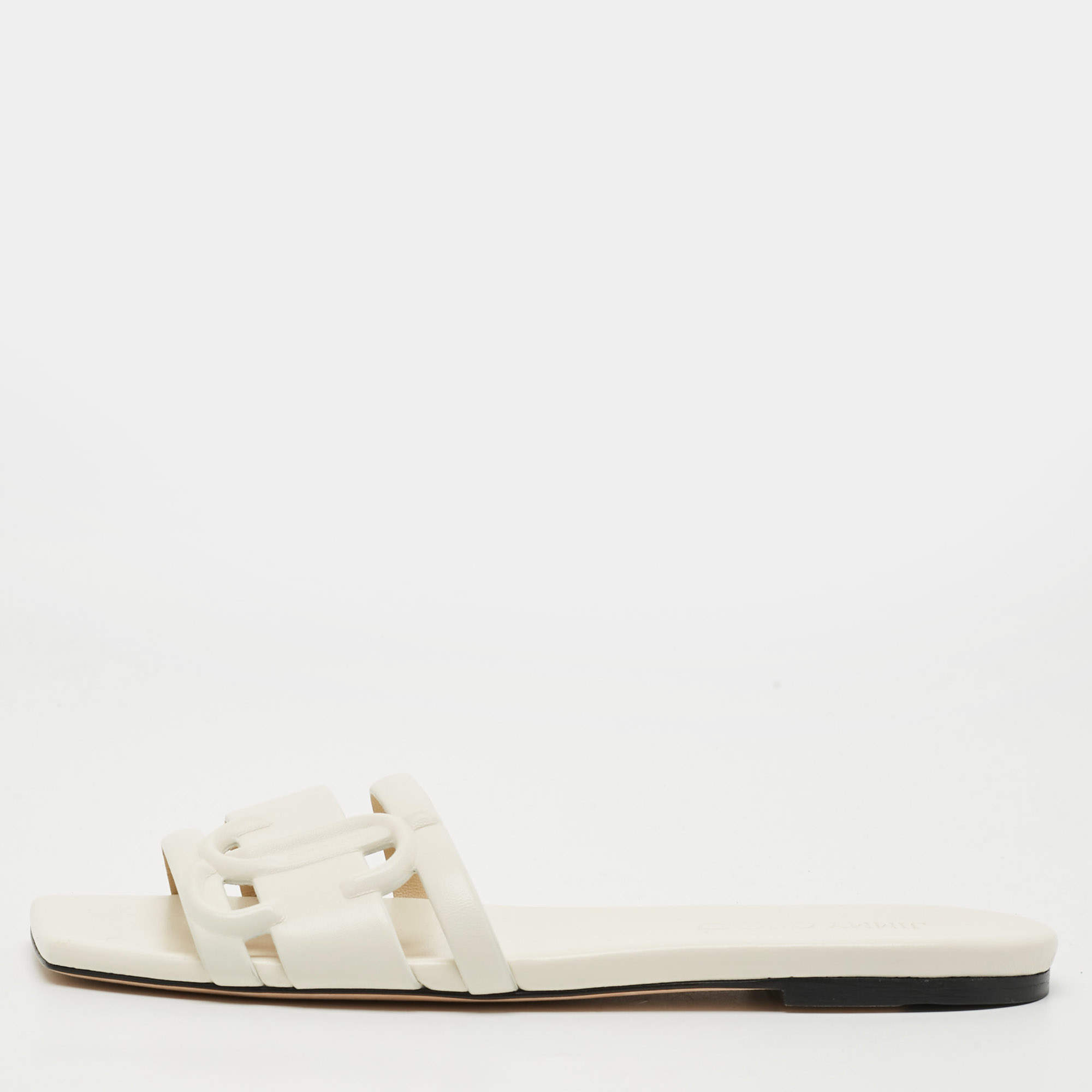 Pre Owned Jimmy Choo Laran Size 37.5 White Leather Flat Slides 