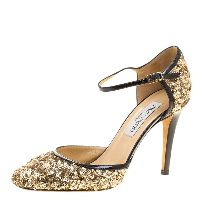 Jimmy Choo Metallic Gold Sequin and Leather Tessa Ankle Strap Sandals Size 36.5