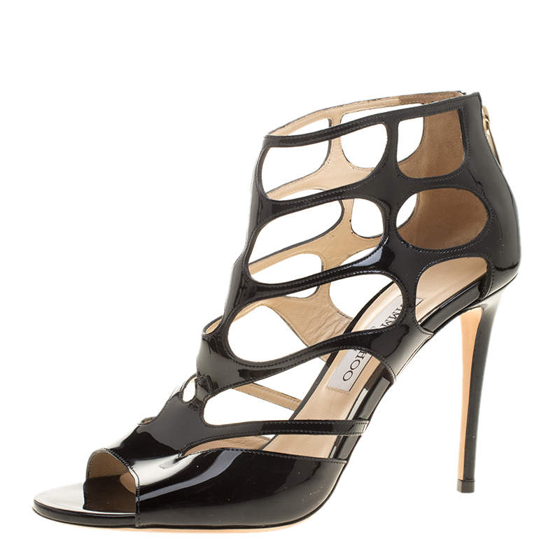 Jimmy Choo Black Patent Leather Ren Cut Out Peep Toe Sandals Size 40