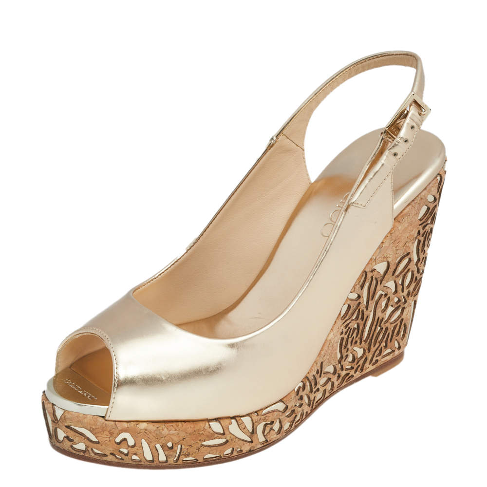 Pre Owned Jimmy Choo Metallic Gold Leather Prova Laser Cut Cork Wedge Sandals Size 40