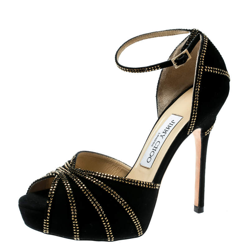 Jimmy Choo Black Suede Crystal Embellished Kalpa Ankle Strap Platform Sandals Size 35