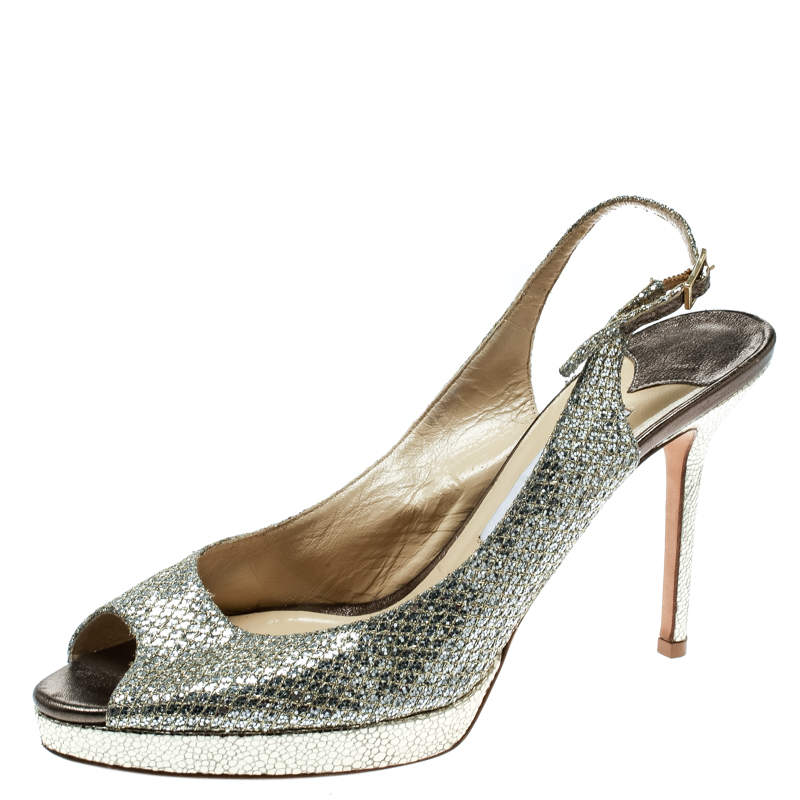 Jimmy Choo Metallic Gold Glitter Fabric Clue Peep Toe Platform Slingback Sandals Size 40.5