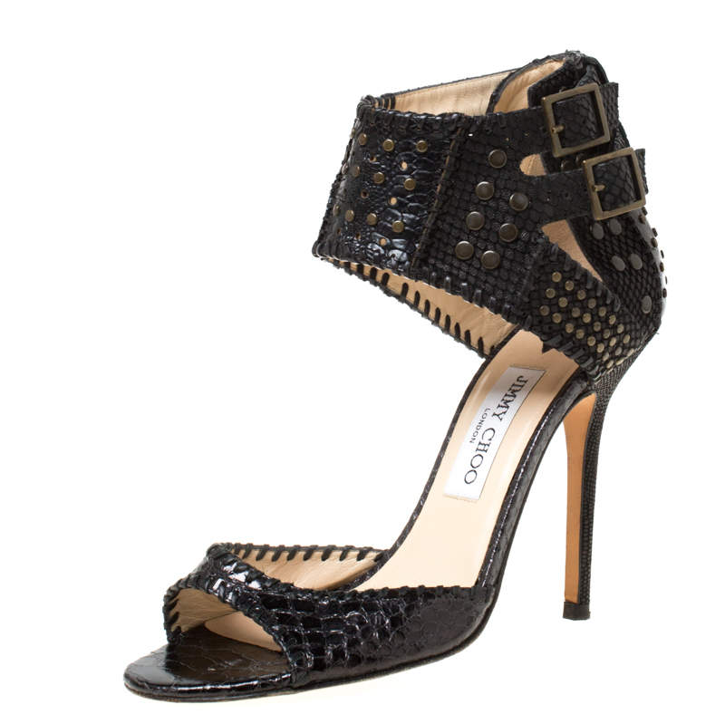 Jimmy Choo Black Python Embossed Leather Studded Buckle Ankle Cuff Sandals Size 39