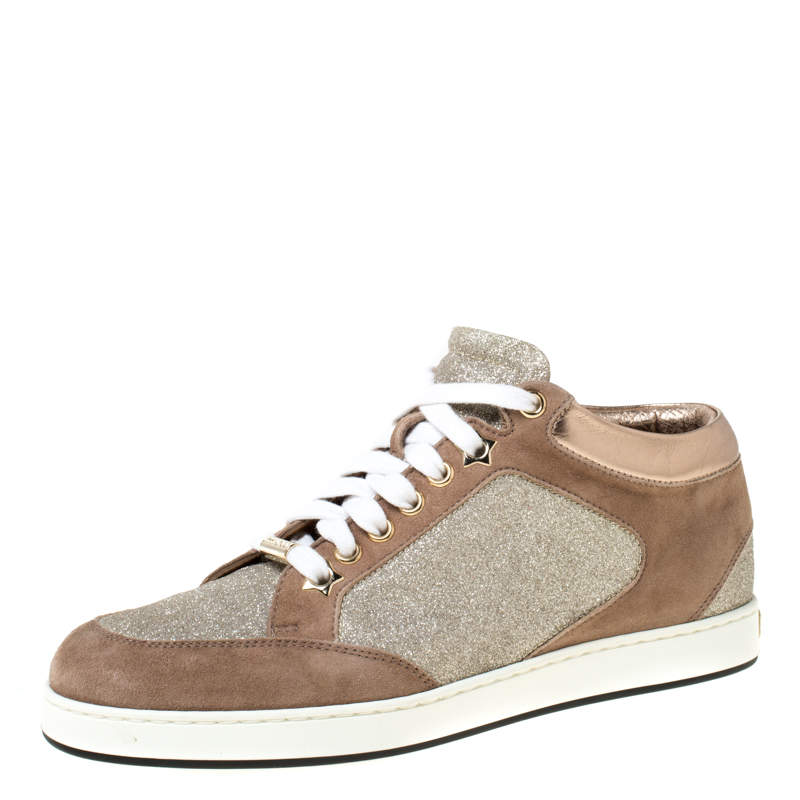 Jimmy Choo Beige Glitter And Suede Miami Lace Up Sneakers Size 35 Jimmy ...
