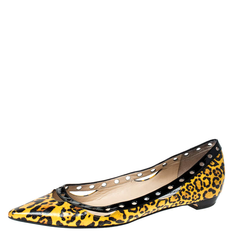 Jimmy Choo Yellow Leopard Print Leather Pointed Toe Flats Size 37.5