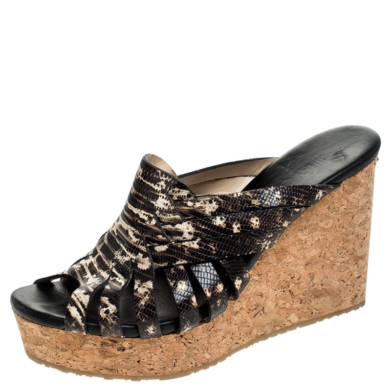 Pre Owned Jimmy Choo Brown/White Snake Print Perfume Cork Wedge Slides Size 40