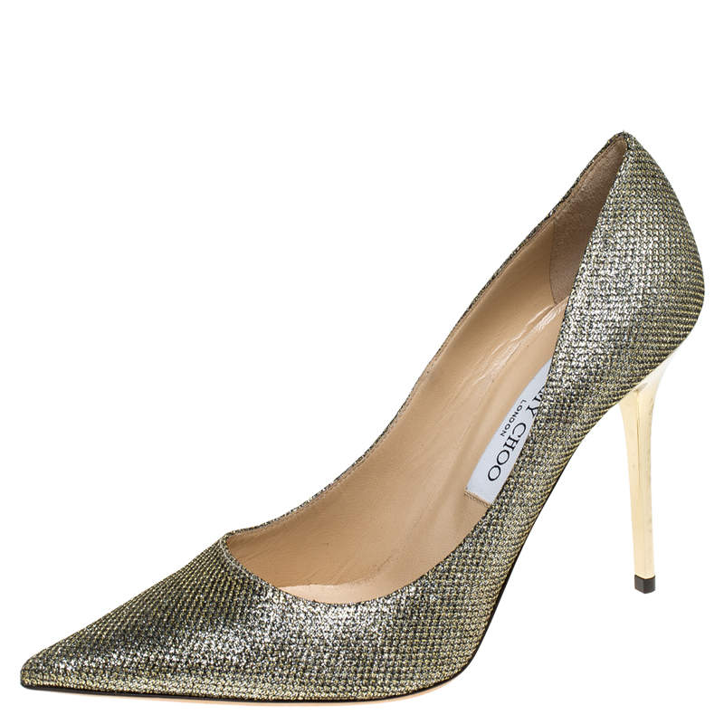 Pre Owned Jimmy Choo Metallic Gold Glitter Fabric Abel Pointed Toe Pumps Size 39.5 
