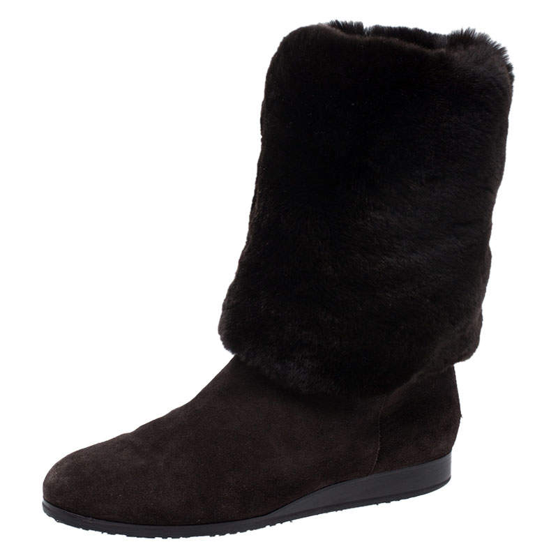 Pre Owned حذاء بوت كاحل جيمي تشو دانا فرو ثعلب مع جلد أسود مقاس 39.5