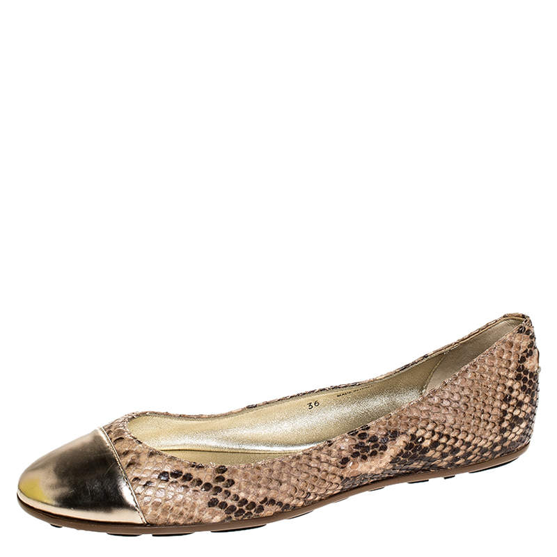 Pre Owned Jimmy Choo Beige/Gold Snake Embossed Leather Cap Toe Ballet Flats Size 36