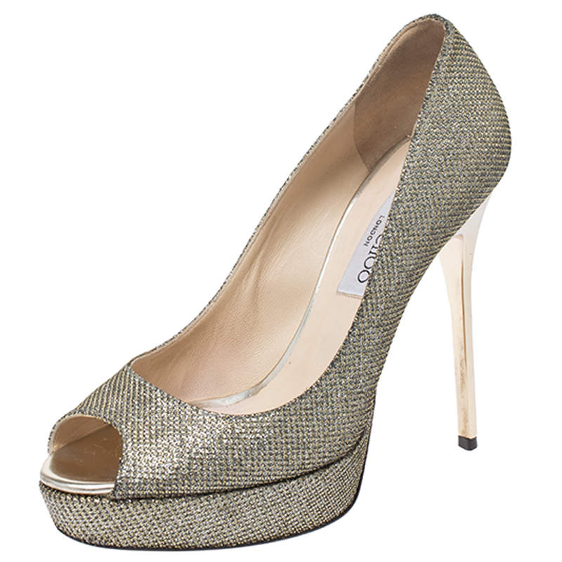 مملوكة مسبقًا Jimmy Choo Metallic Gold Lamé Fabric Dahlia Peep Toe Platform Pumps Size 38