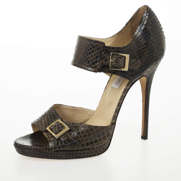 Pre Owned Jimmy Choo Brown Python Quaker Buckle Sandals Size 40