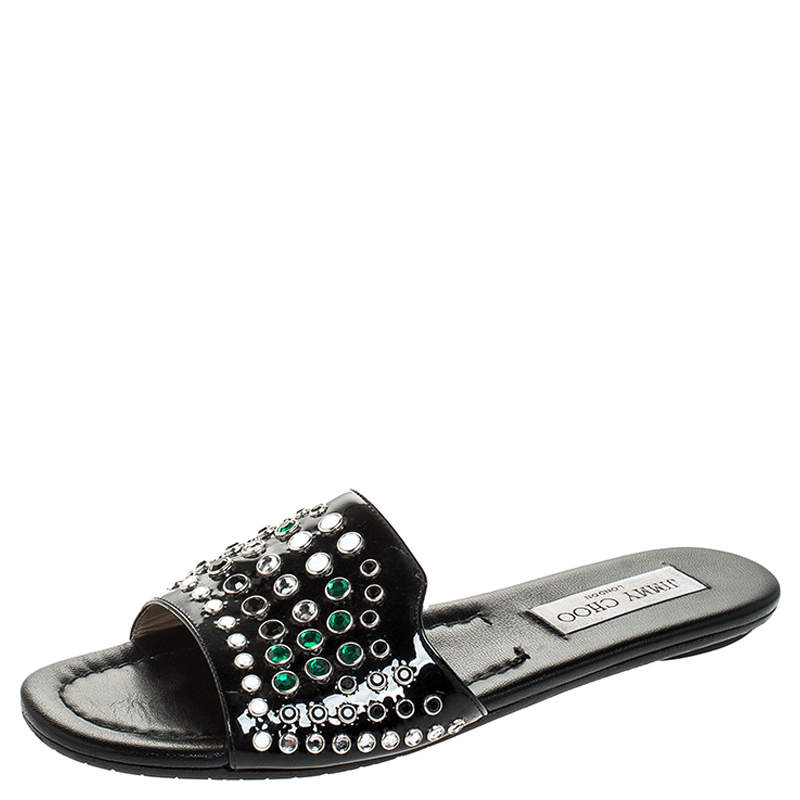 Pre Owned Jimmy Choo Black Patent Leather Studded Flat Slides Size 37