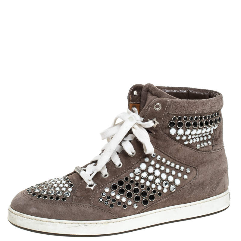 Pre Owned Jimmy Choo Grey Suede Crystal Studded Tokyo High-Top Sneakers Size 38