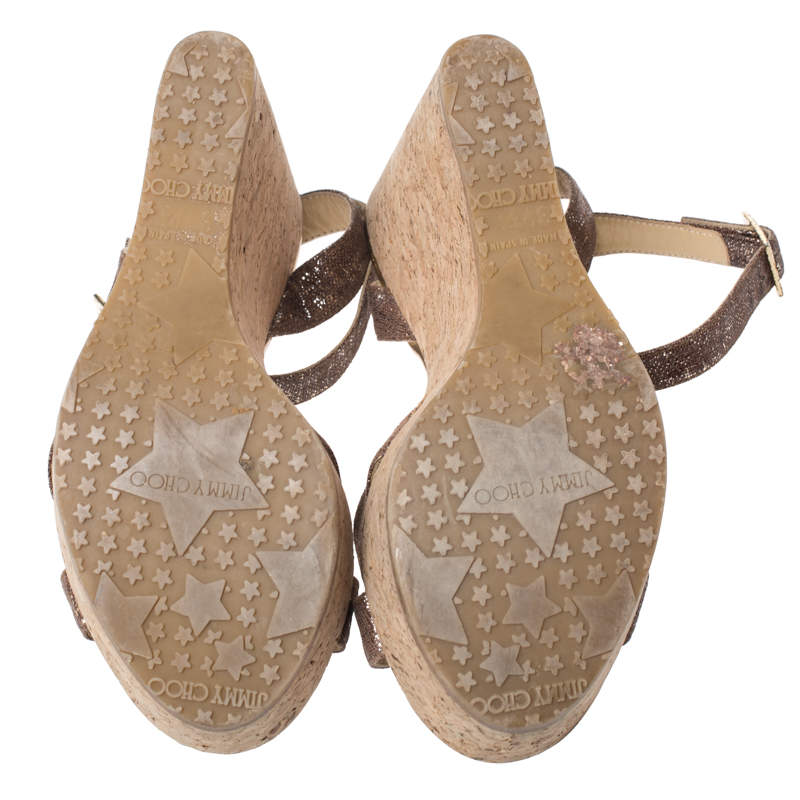 Pre Owned Jimmy Choo Gold/Brown Shimmer Lamé Fabric Papyrus Cork Wedge Ankle Strap Sandals Size 37.5