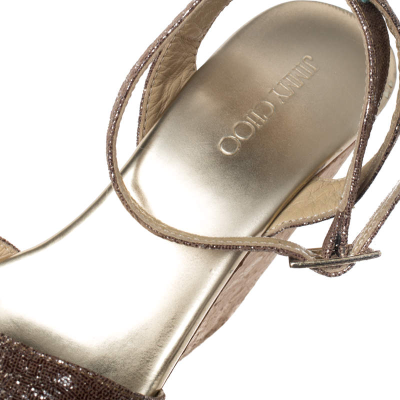Pre Owned Jimmy Choo Gold/Brown Shimmer Lamé Fabric Papyrus Cork Wedge Ankle Strap Sandals Size 37.5