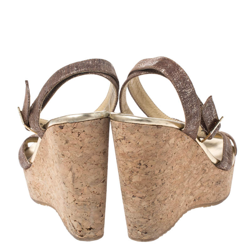 Pre Owned Jimmy Choo Gold/Brown Shimmer Lamé Fabric Papyrus Cork Wedge Ankle Strap Sandals Size 37.5