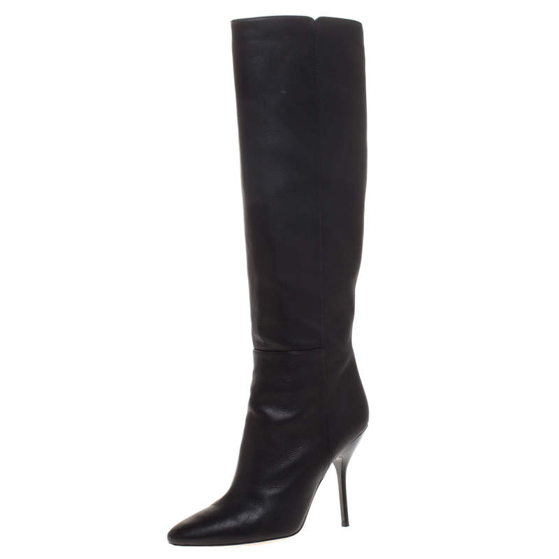 Jimmy Choo Black Leather Drape Knee Length Boots Size 37.5