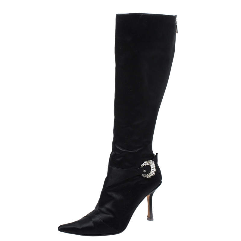 Pre Owned Jimmy Choo Black Crystal Embellished Satin Zip Knee Length  Boots Size 38.5