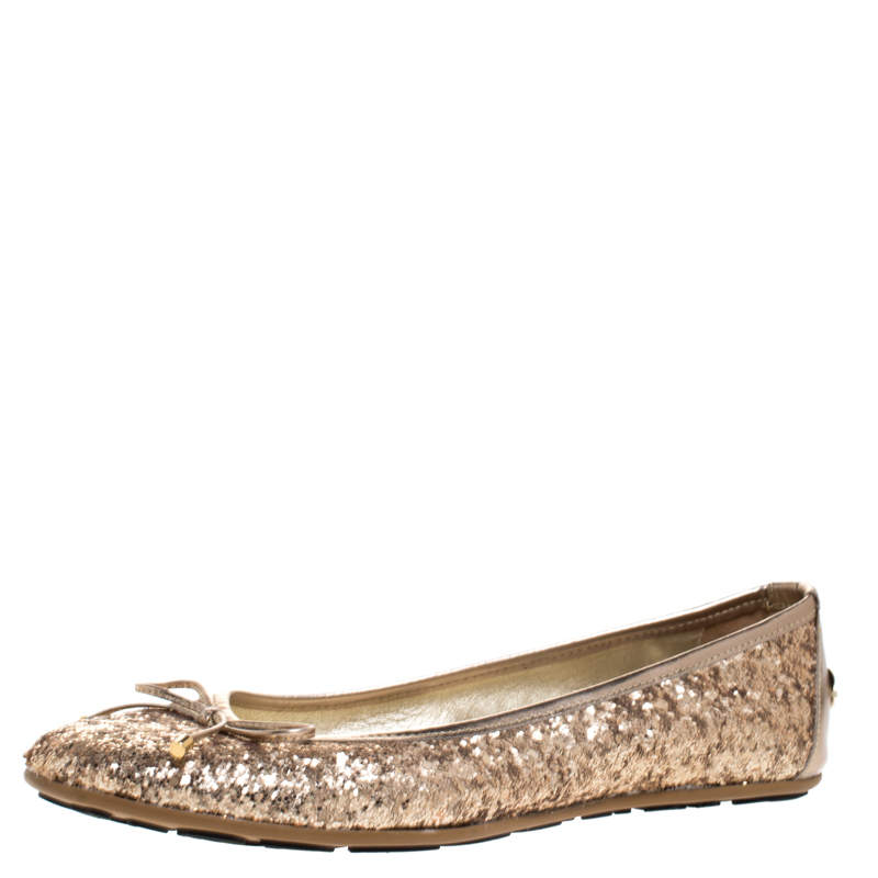 مملوكة مسبقًا Jimmy Choo Gold Coarse Glitter Fabric Walsh Bow Ballet Flats Size 36