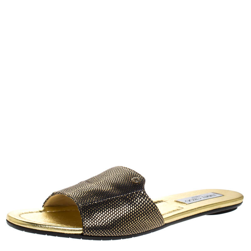 Pre Owned Jimmy Choo Metallic Gold/Black Embossed Leather Nanda Flat Slides Size 40.5