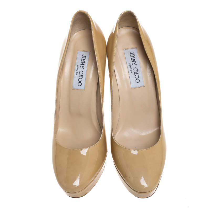 Pre Owned Jimmy Choo Cream Patent Leather Cosmic Platform Pumps Size 39