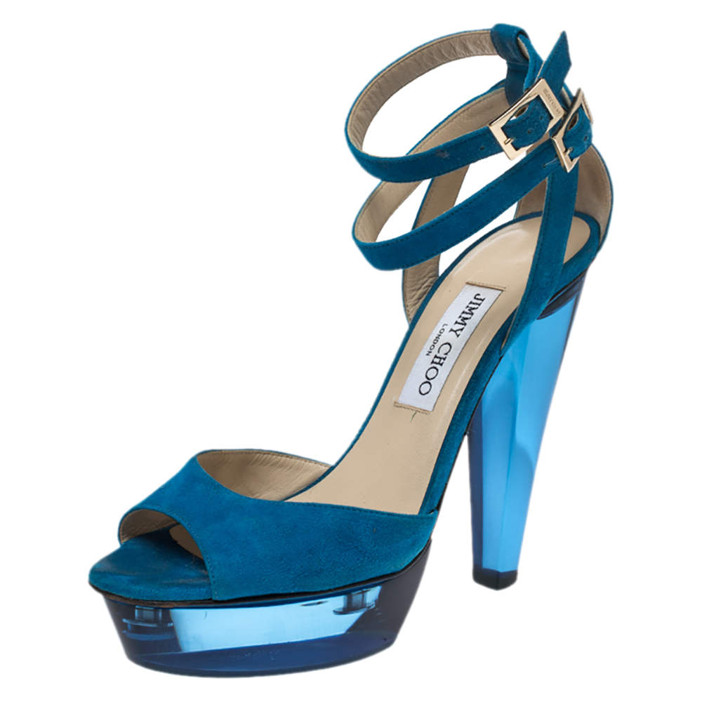 Pre Owned Jimmy Choo Blue Suede Ankle Strap Niagara Platform Sandals Size 38.5