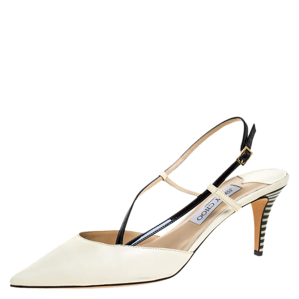 Pre Owned Jimmy Choo Off White/Black Leather Pointed Toe Ankle Strap Sandals Size 42