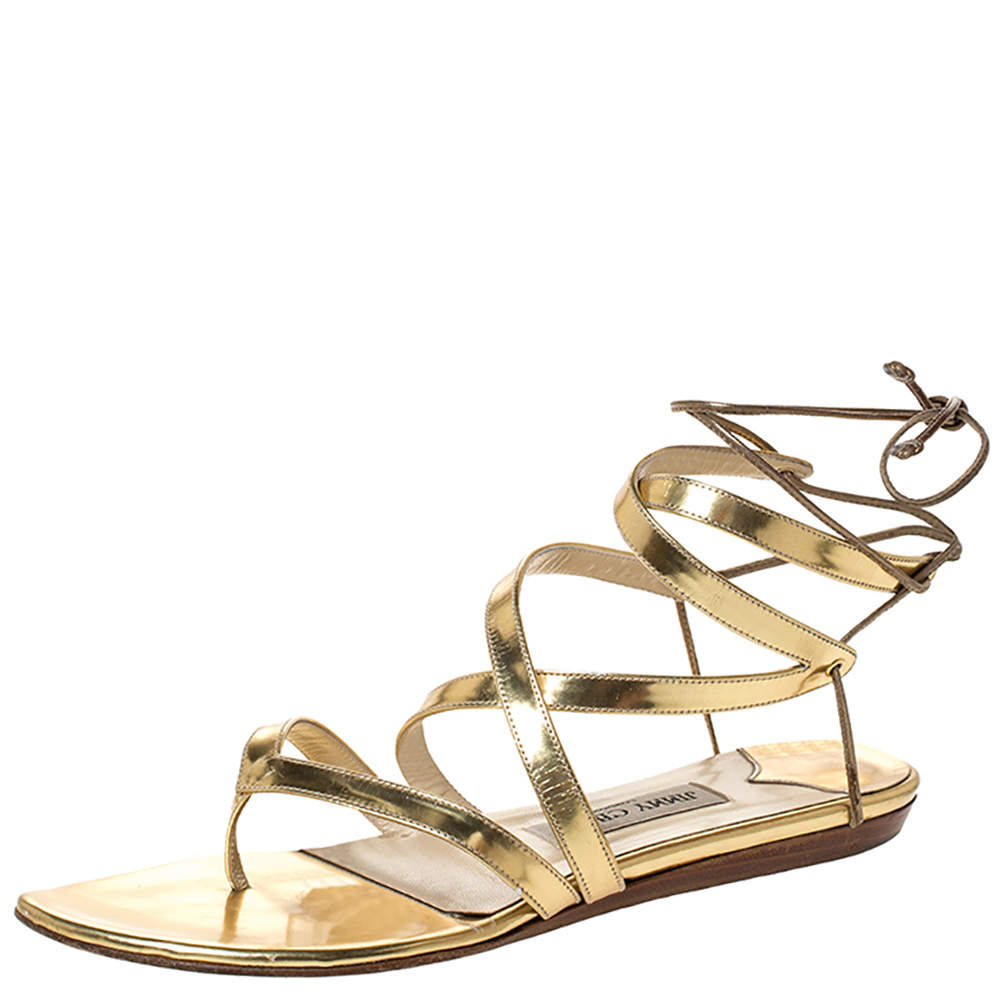 Pre Owned Jimmy Choo Gold Leather Ankle Wrap Flat  Sandals Size 39