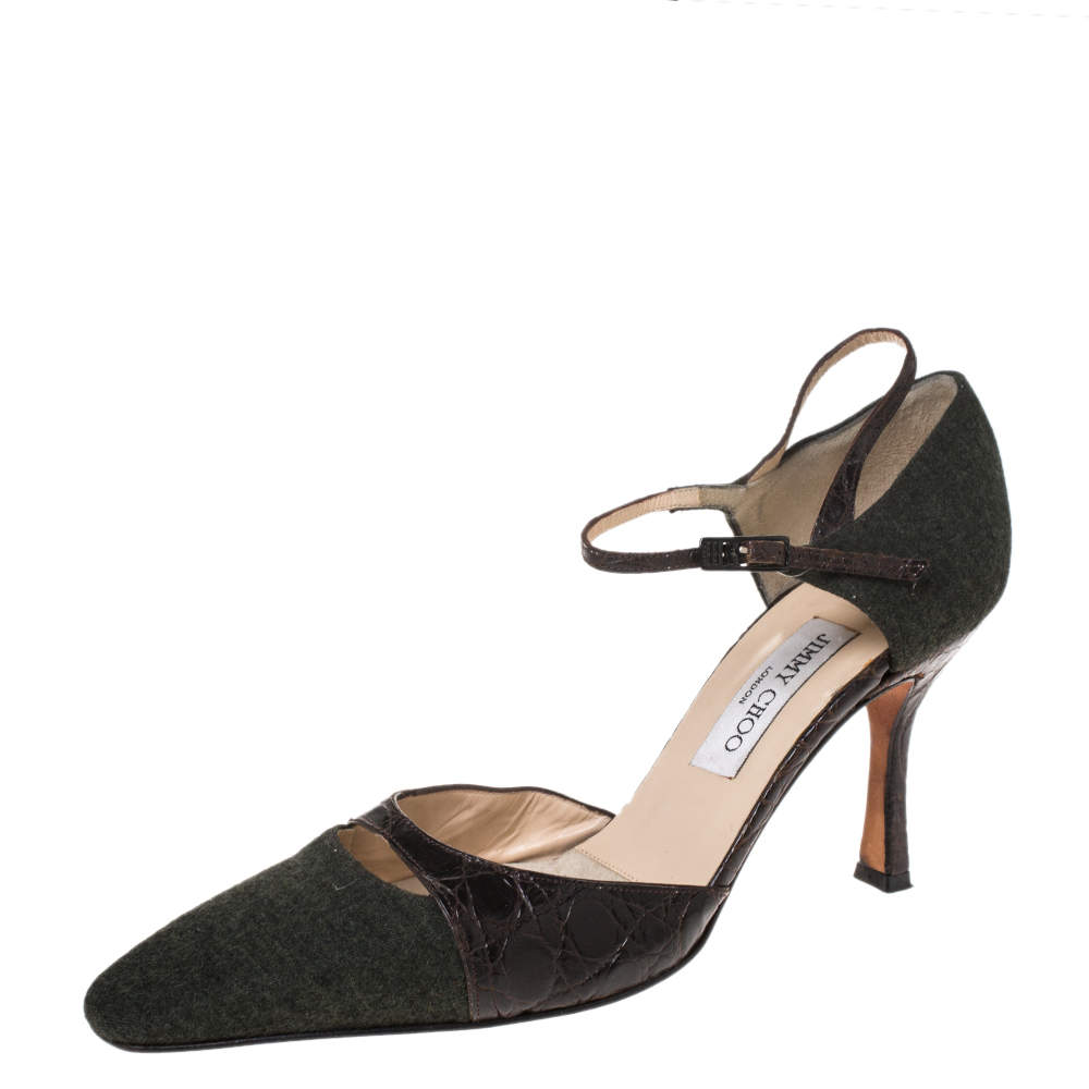 Pre Owned حذاء كعب عالي جيمي تشو سير كاحل جلد تمساح و صوف بني و رصاصي مقاس 40