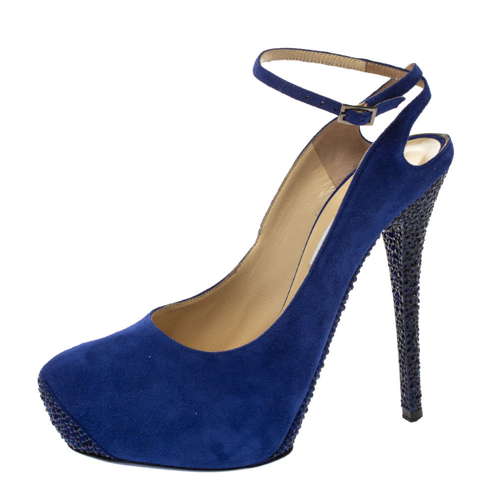 Pre Owned Jimmy Choo Blue Suede Swarovski Crystal Ankle Strap Platform Pumps Size 39