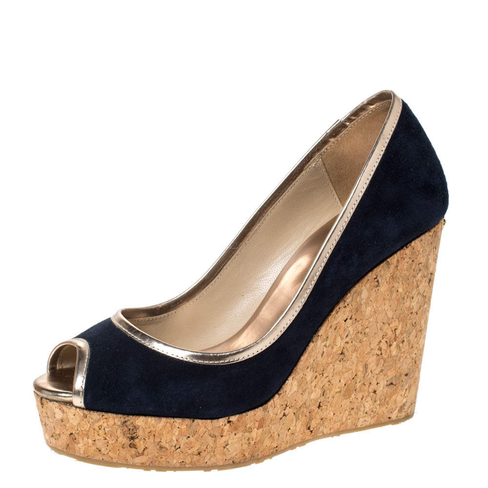 Pre Owned Jimmy Choo Blue Suede And Gold Trim Peep Toe 'Papina' Cork Platform Wedges Size 37