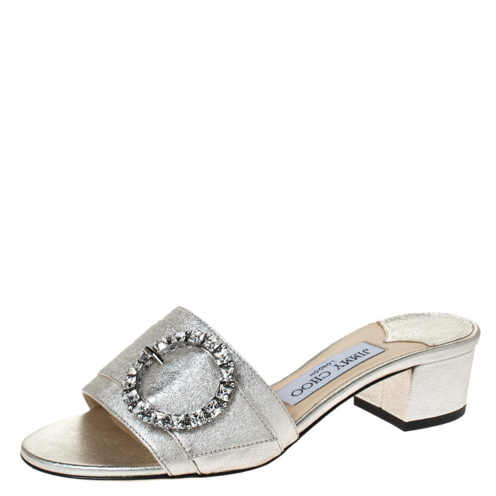 Pre Owned صندل سلايد جيمي تشو إبزيم مزخرف غرانغر جلد فضي مقاس 36