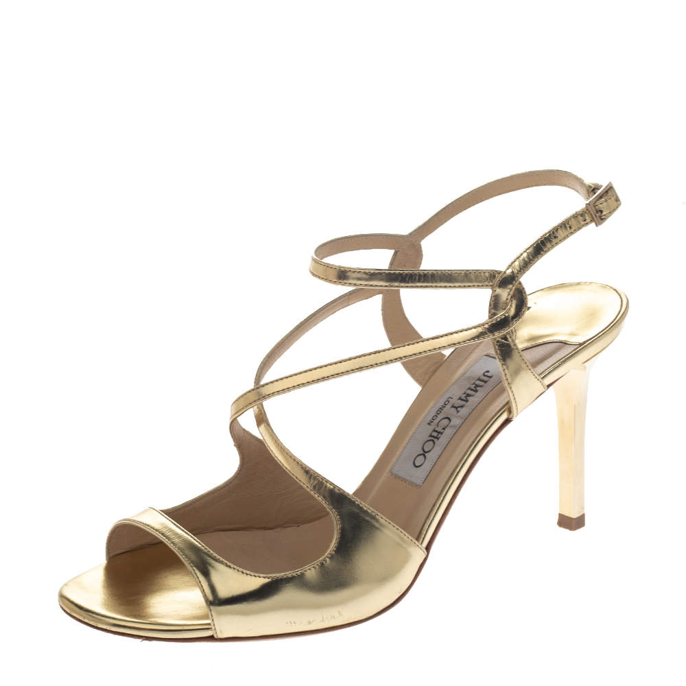Jimmy Choo Gold Mirror Leather Paxton Cross Strap Sandals Size 37.5 ...