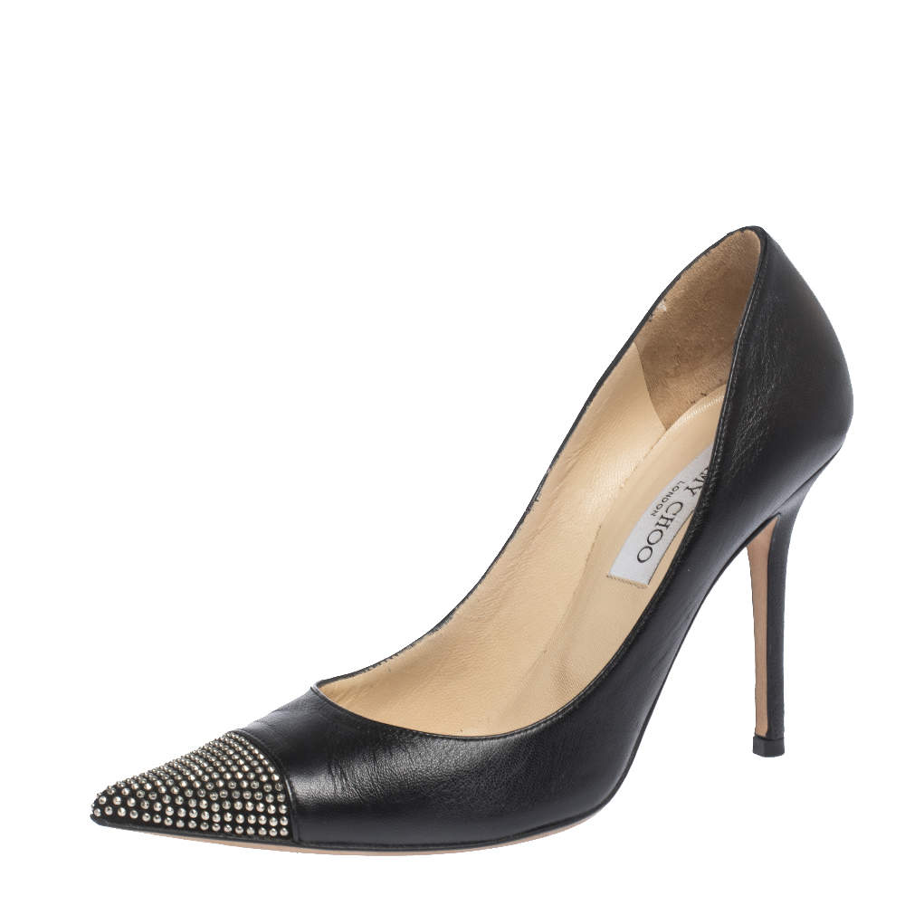 مملوكة مسبقًا حذاء كعب عالي جيمي تشو مقدمة مدببة أميكا ترصيعات وجلد أسود مقاس 38