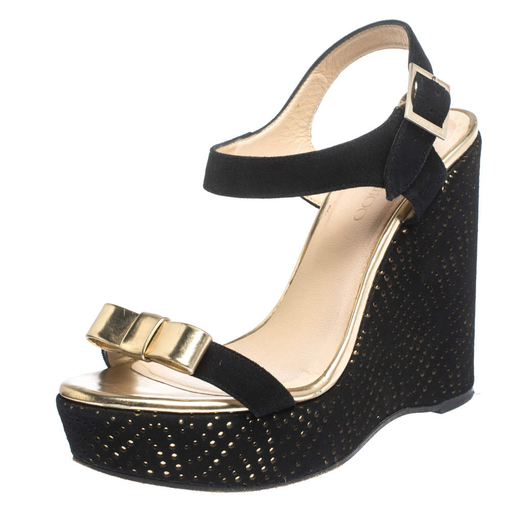 Pre Owned Jimmy Choo Black Perforated Suede and Gold Leather Nice Wedge Bow Sandals  Size 38