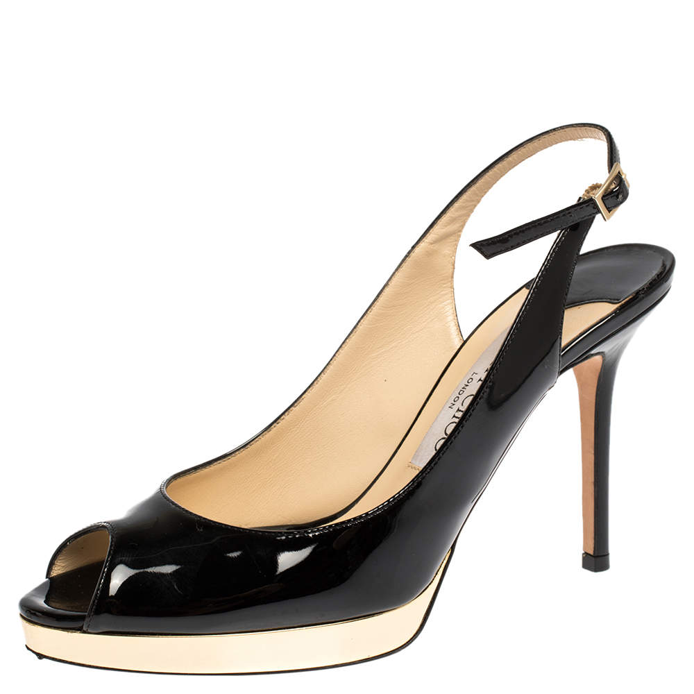 Pre Owned Jimmy Choo Black Patent Nova Peep Toe Platform Slingback Sandals Size 38
