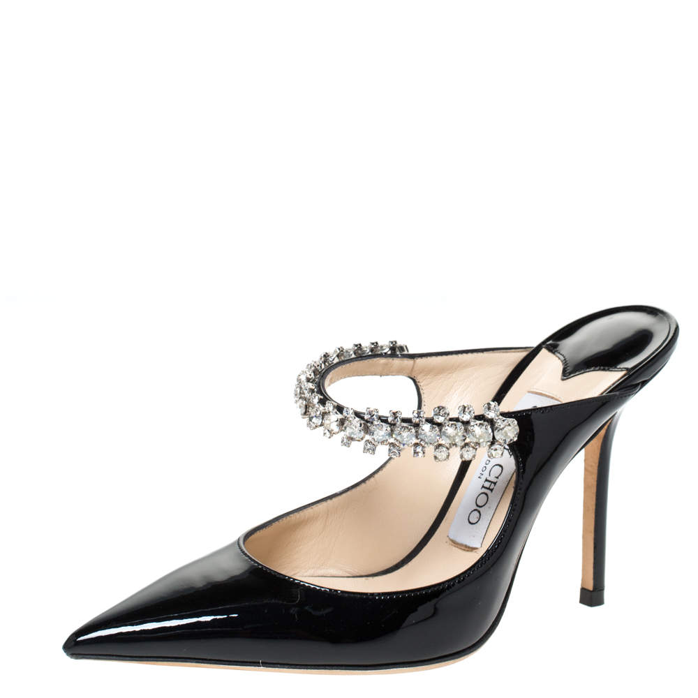 Jimmy Choo Black Patent Leather Crystal Embellished Bing Mule Sandals ...