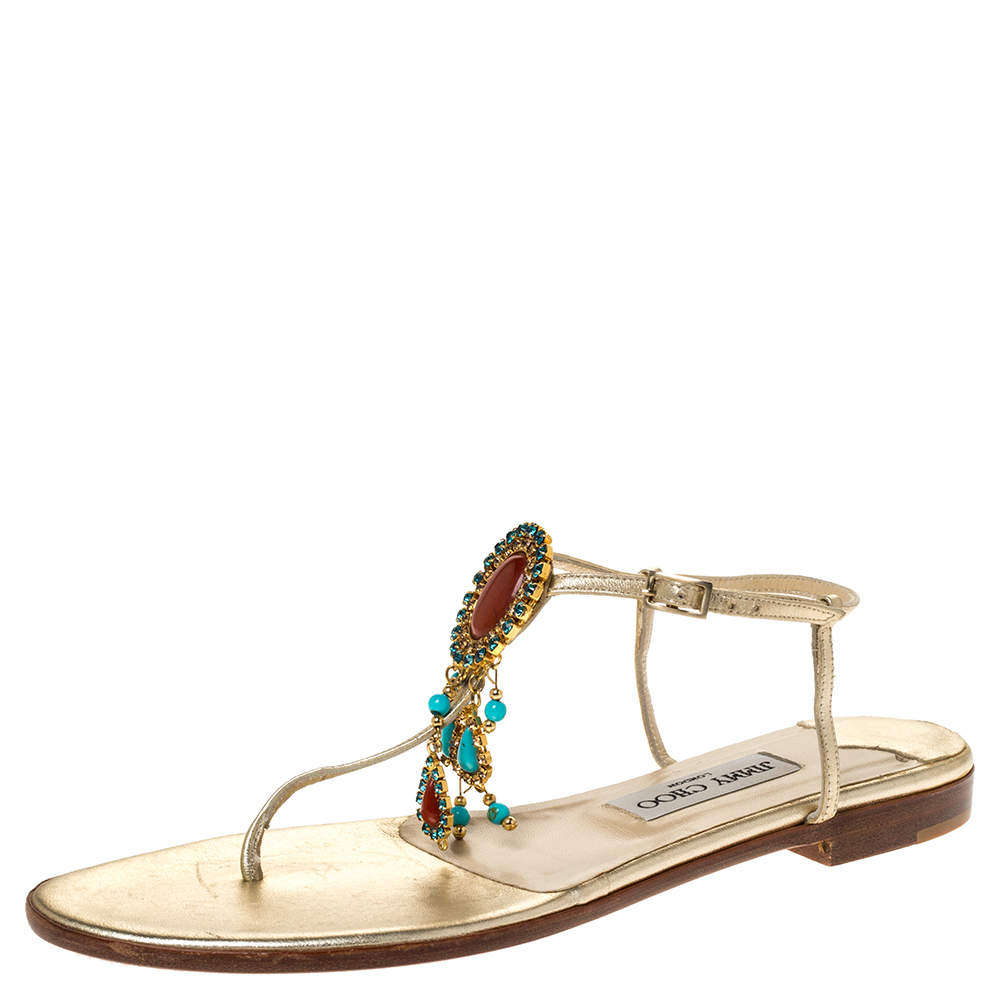 Jimmy Choo Metallic Gold Leather Crystal Embellished Flat Thong Sandals ...