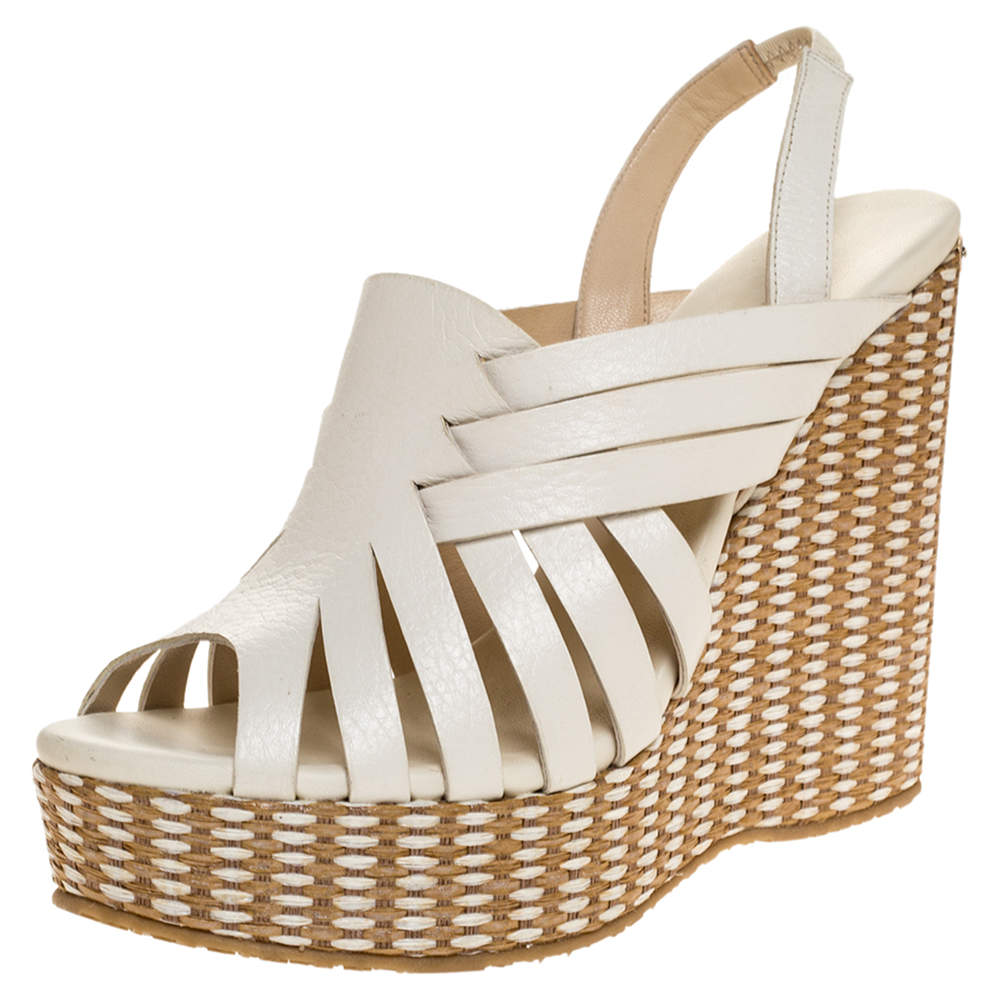 Pre Owned Jimmy Choo White Leather And Brown Raffia Perdita Wedge Platform Sandals Size 39