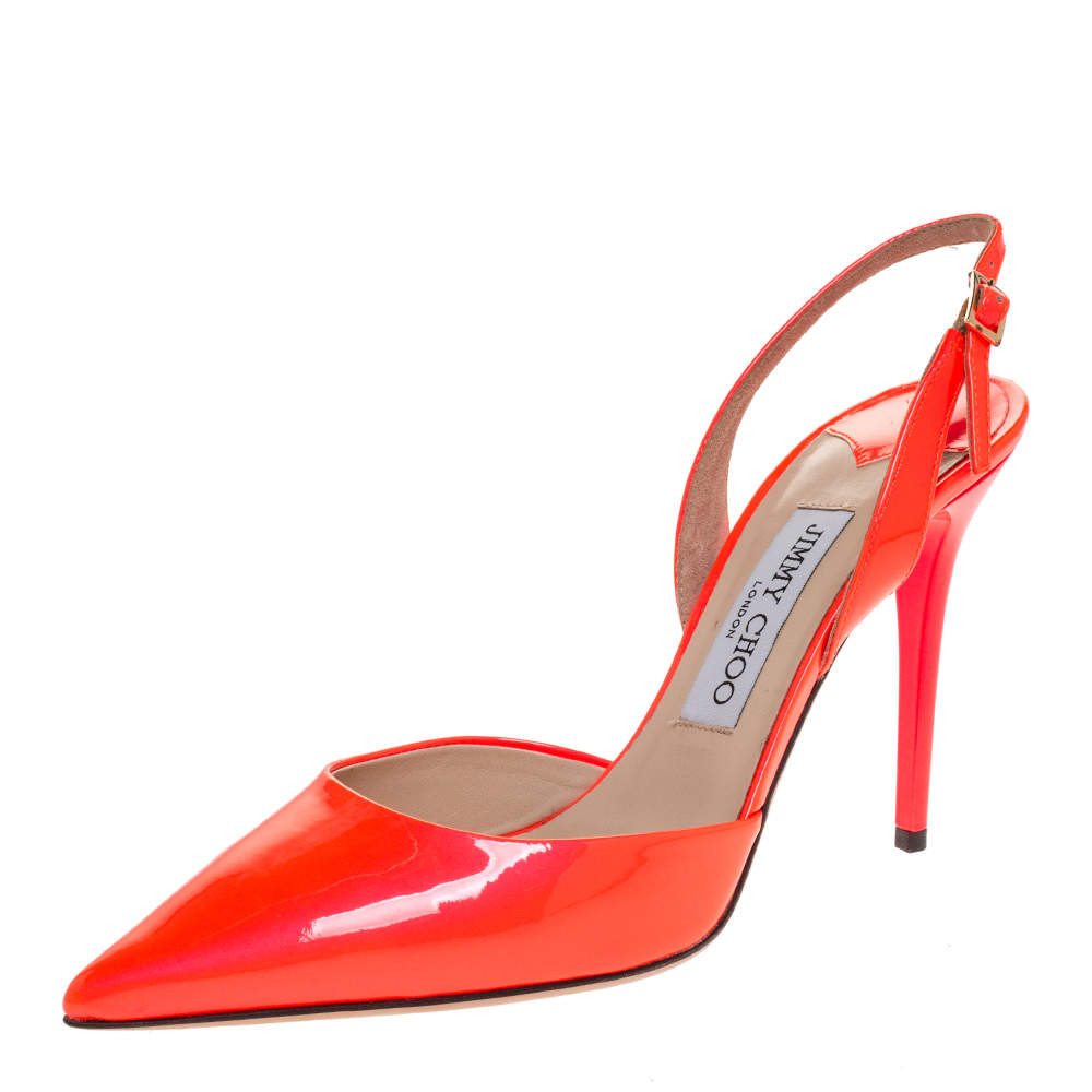 Jimmy Choo Neon Orange Patent Leather Tarida Slingback Sandals 38 Jimmy