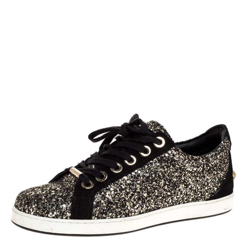 Jimmy Choo Black/Gold Glitter And Suede Leather Low Top Sneakers Size 37