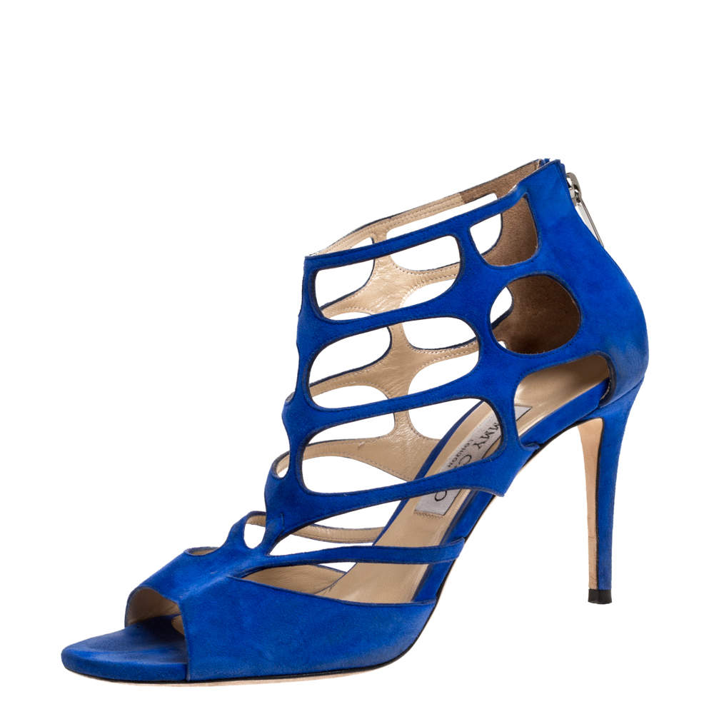 Jimmy Choo Blue Suede Ren Caged Sandals Size 39.5