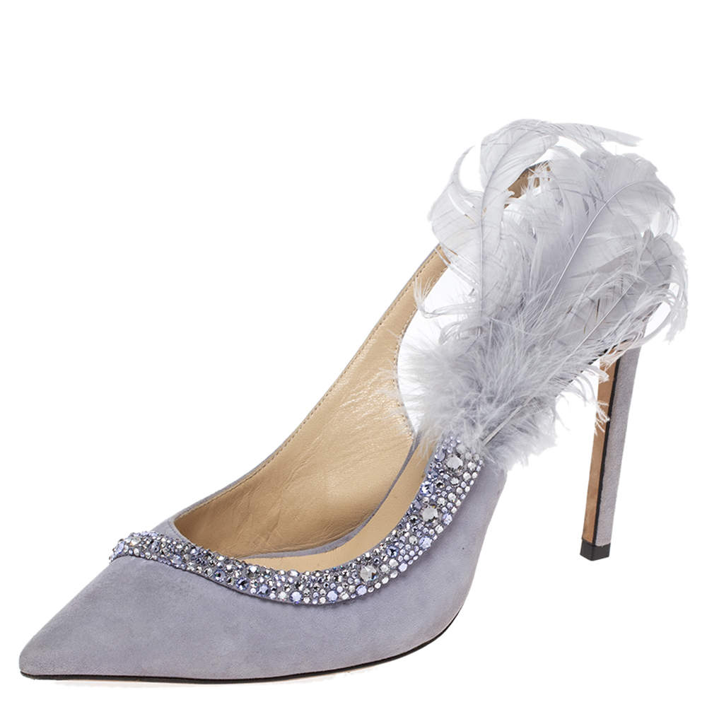 Jimmy Choo Lilac Suede Feather And Crystal Embellished Tacey Slingback Pumps Size 38