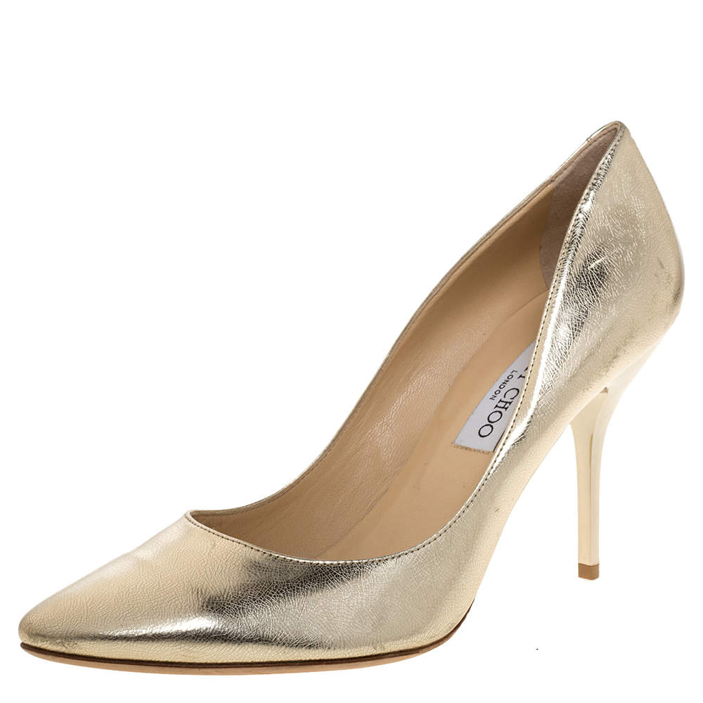 Pre Owned Jimmy Choo Metallic Gold Textured Leather Esme Almond Toe Pumps Size 42