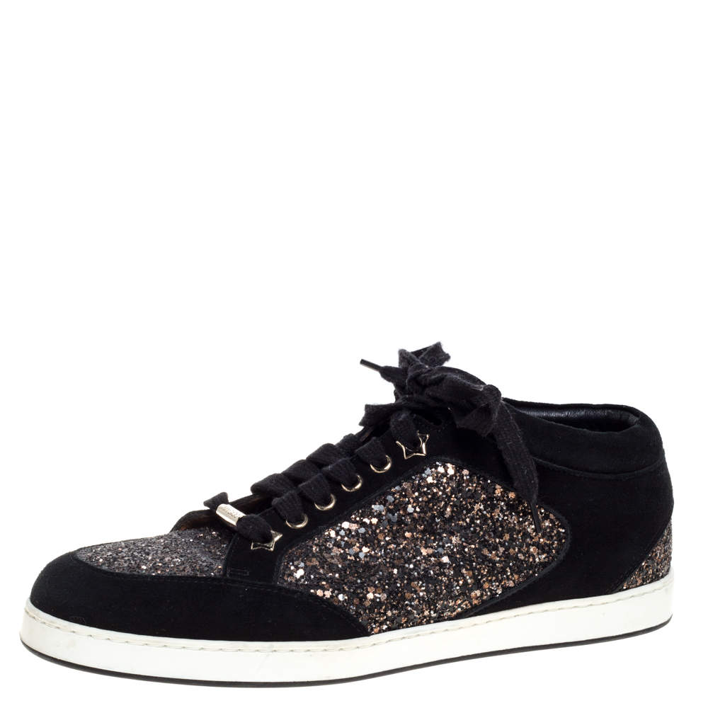 Pre Owned Jimmy Choo Black Glitter And Suede Miami Low Top Sneakers Size 40